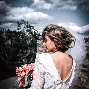Modest full lace midi wedding dress with open back / Long sleeve embroidered lace wedding dress/ Minimalist civil wedding / image 7