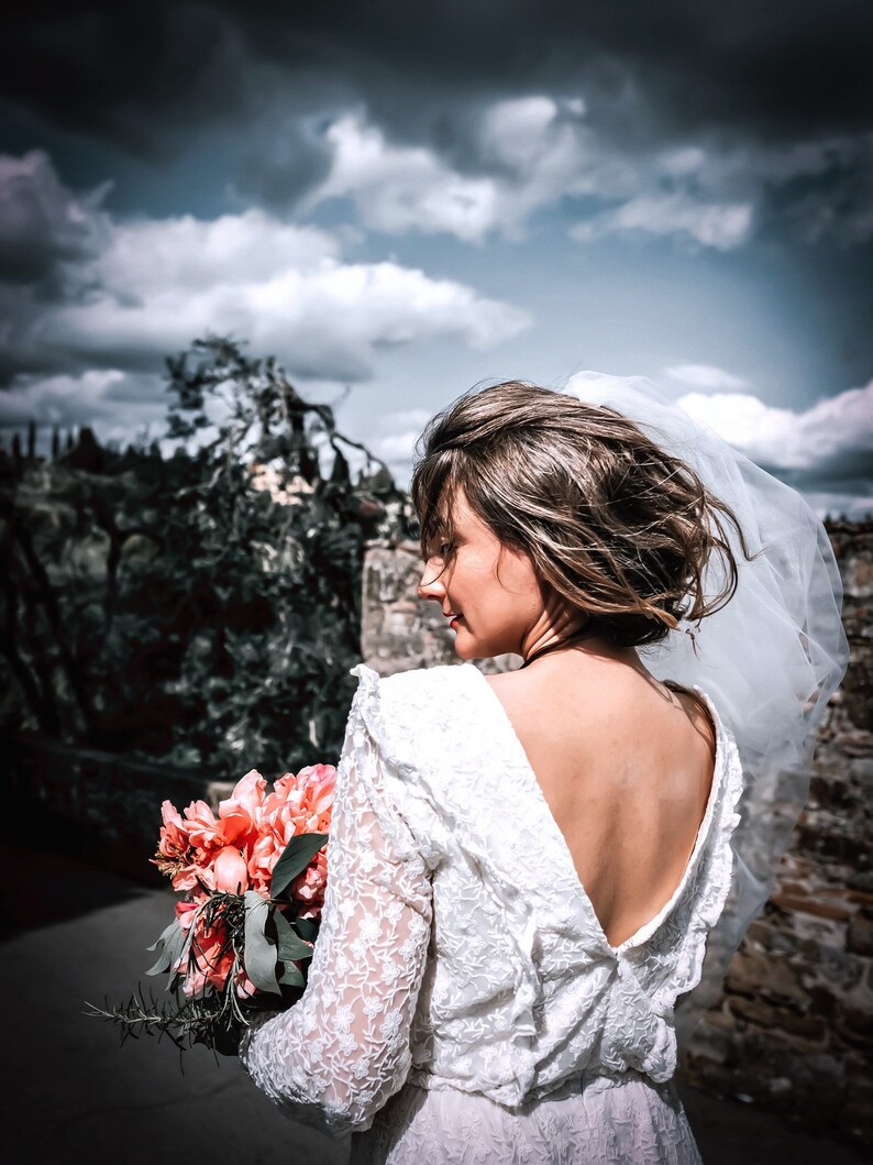 Modest full lace midi wedding dress with open back / Long sleeve embroidered lace wedding dress/ Minimalist civil wedding / image 7