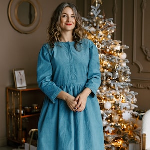 Corduroy warm winter woman dress with long sleeve and pockets / Cottagecore / Laura Ashley style / Tea length dress/ Puffy sleeve dress image 7