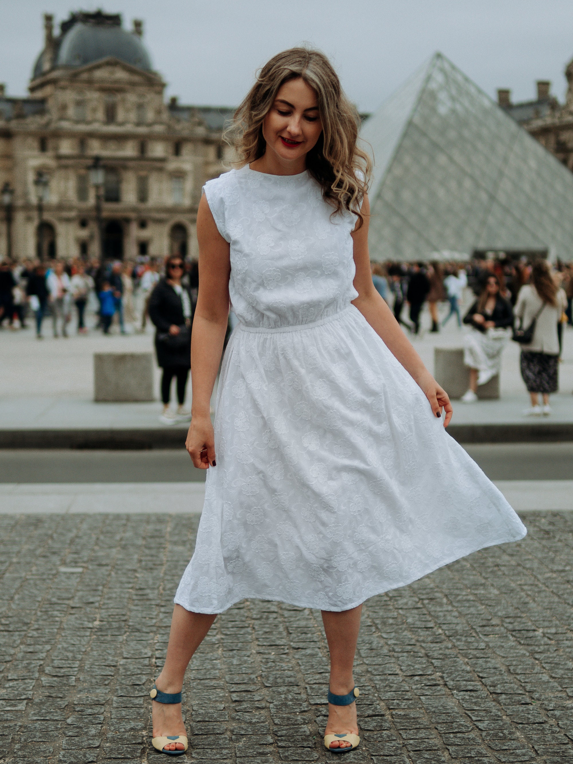 Full embroidery midi White sleeveless dress / Modest simple wedding dress / Cottagecore dress / Elegant White summer dress with embroidery