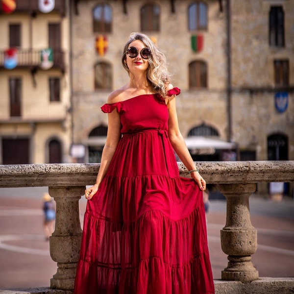 Maxi red cocktail woman dress/ Summer long chiffon dress/ Off shoulder bohemian dress with huge skirt/ Wedding guests dress/ Cottagecore