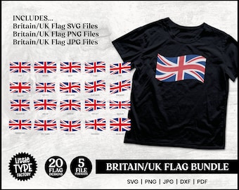 May include: A digital download bundle of 20 different designs of the British flag in 5 file formats: SVG, PNG, JPG, DXF, and PDF. The image shows a black t-shirt with a waving British flag design and a grid of 20 different variations of the flag.