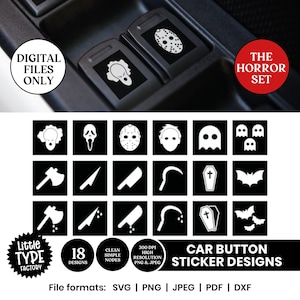 Könnte beinhalten: Schwarze und weiße Aufkleber für Autoknöpfe mit Horror-Motiven. Das Set enthält 18 Designs in den Formaten SVG, PNG, JPEG, PDF und DXF. Der Text auf dem Bild lautet "DIGITAL FILES ONLY" und "THE HORROR SET".