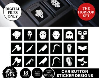 Horror-Auto-Knopf-Aufkleber - 18 digitale Designs mit Horror-Symbolen und Waffen (PNG, JPEG, SVG)