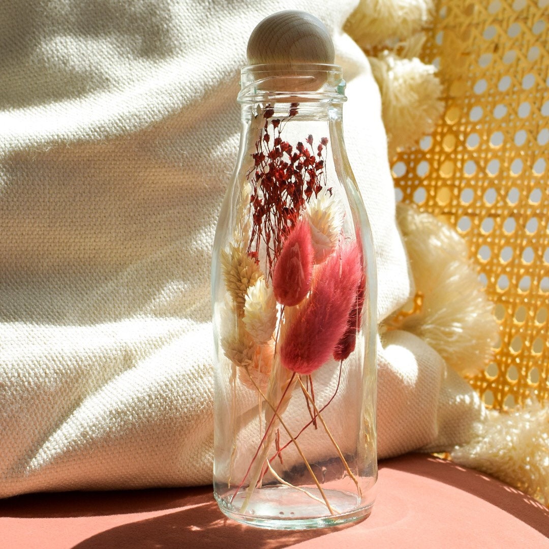 Bouteille en Verre avec Fleurs Séchées Rouge et Rose // Idée Cadeau Décoration de Atelier Galie