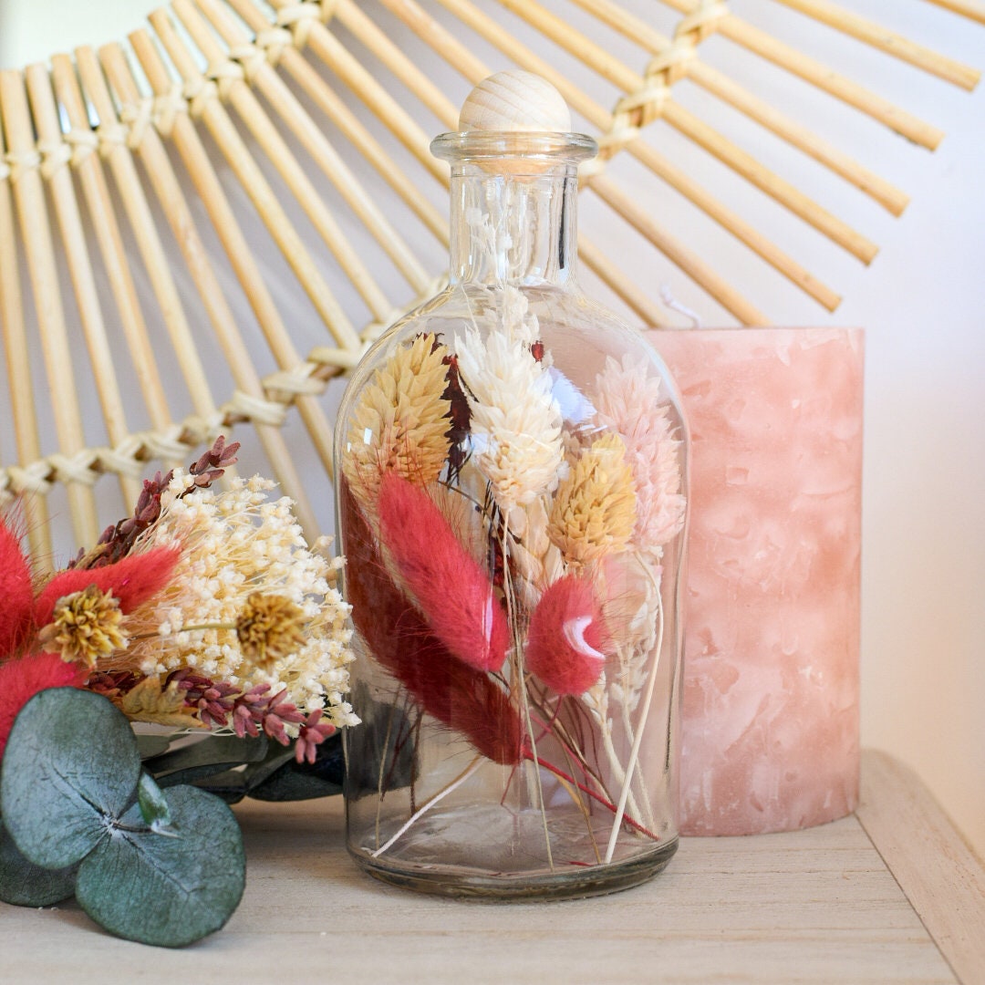 Bouteille en Verre avec Fleurs Séchées Rouge et Rose // Décoration Idée Cadeau Atelier Galie