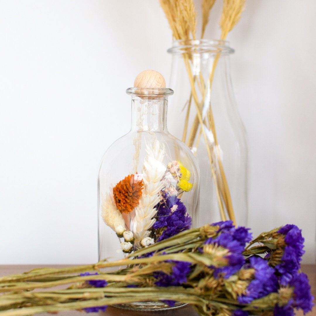 Bouteille en Verre avec Fleurs Séchées Multicolore // Décoration de Idée Cadeau Atelier Galie