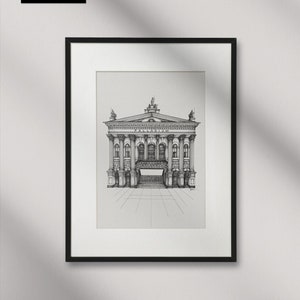 K&ouml;nnte beinhalten: Eine schwarz-wei&szlig;e Tuschezeichnung der Fassade des Palladium-Geb&auml;udes, gerahmt in einem d&uuml;nnen schwarzen Rahmen. Die architektonische Illustration zeigt detaillierte S&auml;ulen, Rundbogenfenster und Statuen auf dem Dach, mit dem Wort PALLADIUM.
