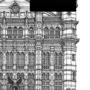 May include: A black and white line drawing of the Palace Theatre in London, England. The theatre is home to the play "Harry Potter and the Cursed Child". The drawing includes the theatre's facade, including the marquee and the sign for the play. The drawing is signed by Peter Hannah Art.