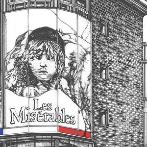 May include: A black and white illustration of a building with a large sign that reads "Les Miserables" in red and blue lettering. The building is labeled "Sondheim Theatre".