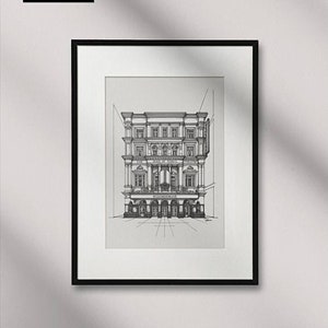 May include: Black and white line drawing of a building with the text "The Bank of England" above the entrance. The building has a classical architectural style with columns and arches.
