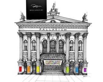 May include: Detailed black and white architectural drawing of the Palladium theater. The drawing includes the word "PALLADIUM" across the top and the text "JOSEPH AND THE AMAZING TECHNICOLOR DREAMCOAT" on a marquee. The doors are colored red, orange, yellow, green, blue, and purple.