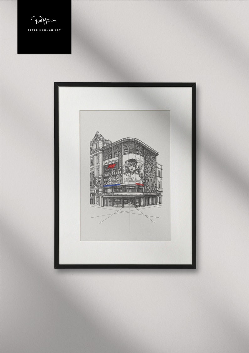 May include: A black and white line drawing of a building with a large billboard featuring a woman's face and the text "Les Mis&eacute;rables".