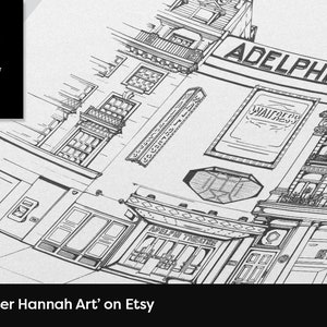 Puede incluir: Dibujo en blanco y negro de un edificio con el texto "ADELPHI" y "WAITRESS" en la fachada. El dibujo est&aacute; firmado "PH" y "PETER HANNAH ART".