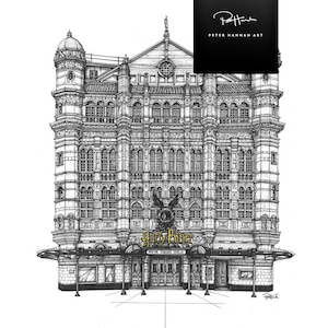 May include: A black and white pen and ink illustration of the Palace Theatre in London, England. The theatre is home to the Harry Potter and the Cursed Child play. The sign above the entrance reads "Harry Potter and the Cursed Child".
