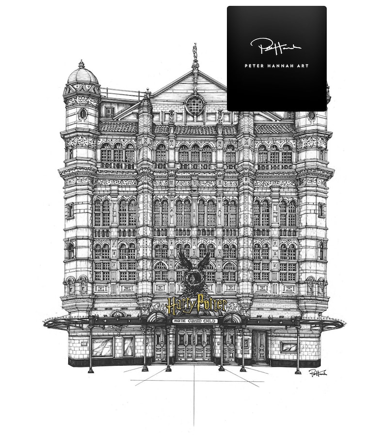 May include: A black and white pen and ink illustration of the Palace Theatre in London, England. The theatre is home to the Harry Potter and the Cursed Child play. The sign above the entrance reads "Harry Potter and the Cursed Child".