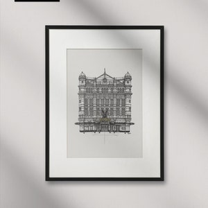 May include: Black and white line drawing of a building with a sign that reads "The Palace". The drawing is framed in a black frame.