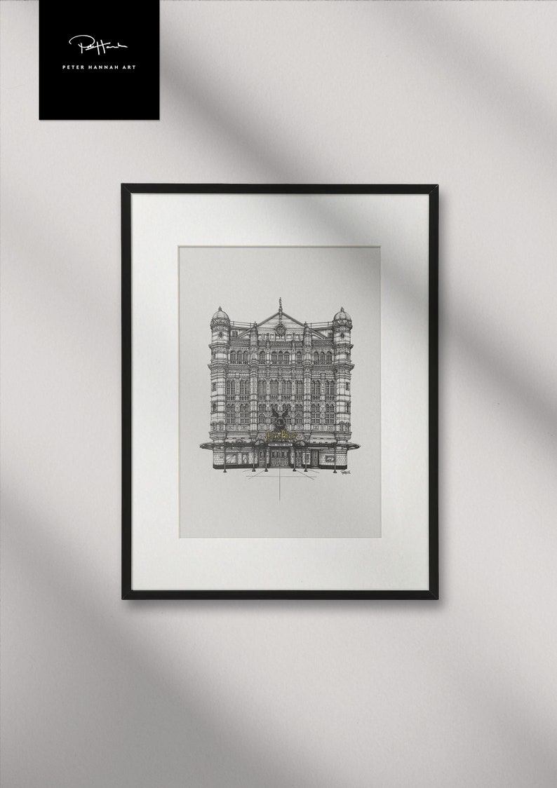 May include: Black and white line drawing of a building with a sign that reads "The Palace". The drawing is framed in a black frame.