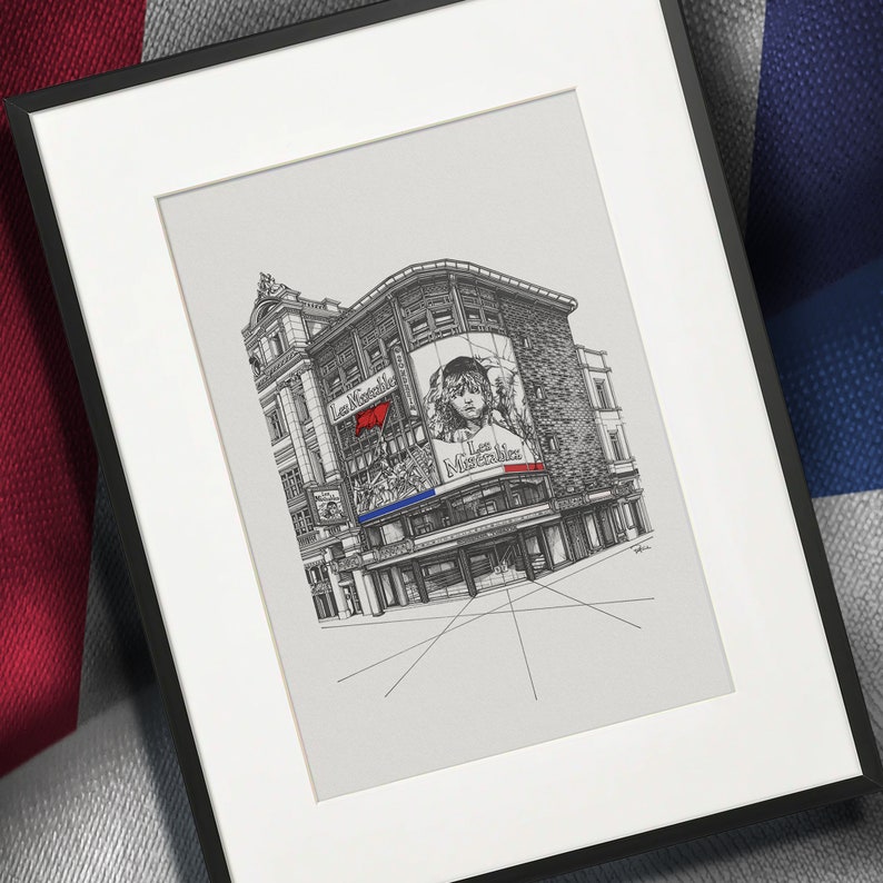 May include: A black and white line drawing of a building with a large billboard featuring a girl's face and the text "Les Mis&eacute;rables" in red. The building is drawn in a perspective view with a street in front of it.