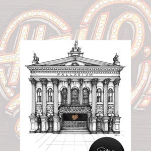 K&ouml;nnte beinhalten: Eine schwarz-wei&szlig;e Tuschezeichnung des Palladium-Theaters mit klassischen S&auml;ulen, einem Giebel mit Statuen und dem Wort PALLADIUM &uuml;ber dem Eingang. Ein kleines orangefarbenes Herz-Logo ist &uuml;ber den Hauptt&uuml;ren des Geb&auml;udes zu sehen.
