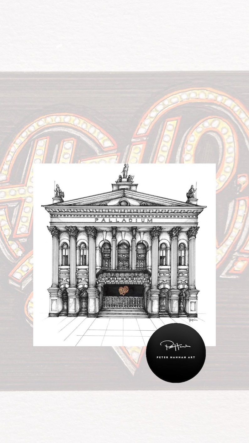 K&ouml;nnte beinhalten: Eine schwarz-wei&szlig;e Tuschezeichnung des Palladium-Theaters mit klassischen S&auml;ulen, einem Giebel mit Statuen und dem Wort PALLADIUM &uuml;ber dem Eingang. Ein kleines orangefarbenes Herz-Logo ist &uuml;ber den Hauptt&uuml;ren des Geb&auml;udes zu sehen.