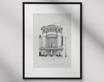 May include: A black and white line drawing of a building with a sign that says "Come From Away" above the entrance. The building is a theater with a marquee and a sign that says "Phoenix" on the side.