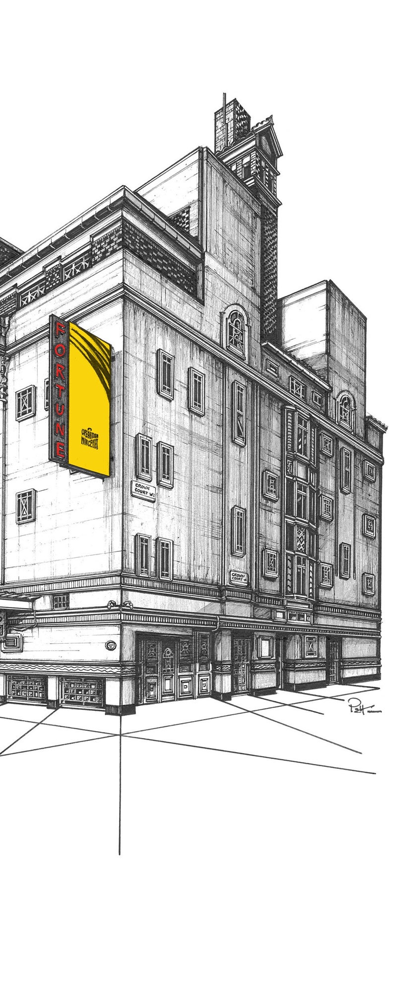 Puede incluir: Un dibujo en blanco y negro de un edificio con un letrero amarillo que dice "FORTUNE" y "CREATIVE THEATRE". El edificio tiene muchas ventanas y un letrero que dice "CROWN COURT W".
