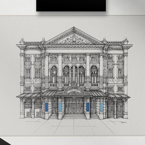 May include: Detailed black and white architectural drawing of a theater facade, with intricate details and blue accents. The artwork is signed and labeled "Peter Hannah Art". The words "Limited Edition" are printed on a black banner.
