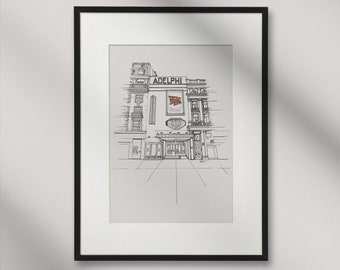 May include: A black and white line drawing of the Adelphi Theatre in London, England. The theatre is a historic building with a large sign that reads "Adelphi Theatre".