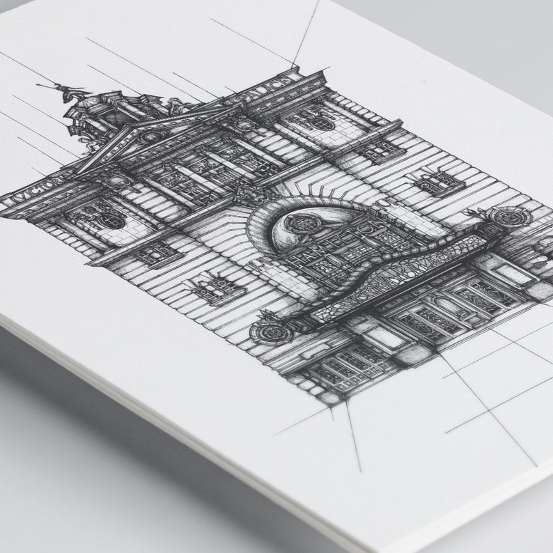 Puede incluir: Dibujo en blanco y negro de un edificio con una gran entrada arqueada. El edificio tiene una fachada detallada con muchas ventanas y elementos decorativos. El dibujo est&aacute; hecho en un estilo realista y captura los detalles intrincados del edificio.