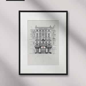 Może przedstawiać: Czarno-biały rysunek budynku z napisem "His Majesty's Theatre" nad wejściem. Budynek ma duży, łukowaty wejście z czerwoną literą "M" na froncie.