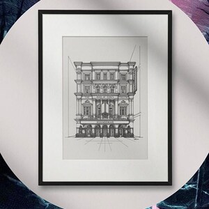 May include: A black and white line drawing of a building with the text "The Home of Ibsen's Theatre" above the entrance. The building is framed in a black frame.