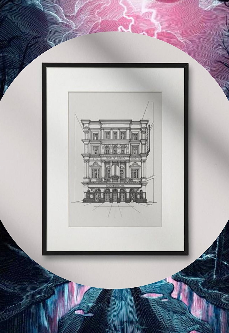 May include: A black and white line drawing of a building with the text "The Home of Ibsen's Theatre" above the entrance. The building is framed in a black frame.
