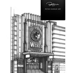 Puede incluir: Un dibujo en blanco y negro a l&iacute;nea del Teatro Apollo Victoria en Londres, Inglaterra. El teatro est&aacute; adornado con las palabras "Apollo Victoria" y "Wicked" sobre la entrada. El dibujo est&aacute; firmado "Peter Hannah Art".