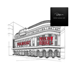 May include: A monochrome architectural illustration of the Moulin Rouge building, featuring red lettering that spells "MOULIN ROUGE!". The artwork is signed by Peter Hannah Art. The building has multiple arched entrances and large windows.