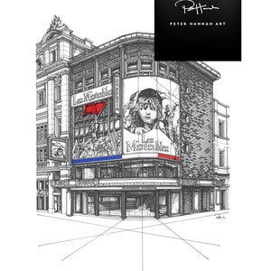 May include: A black and white line drawing of a building with a sign that says "Les Miserables" on it. The building is a theater and the sign is a large poster with a picture of a young girl on it. The drawing is by Peter Hannah Art.