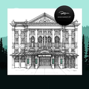 May include: A black and white ink drawing of the Noel Coward Theatre facade, featuring intricate architectural details, columns, and a marquee displaying the text INTO THE WOODS. A circular logo in the top right corner reads PETER HANNAH ART.