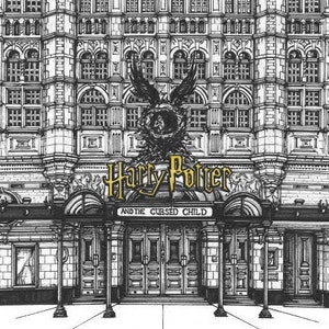 May include: A black and white illustration of a theater building with the words "Harry Potter and the Cursed Child" in gold lettering above the entrance.