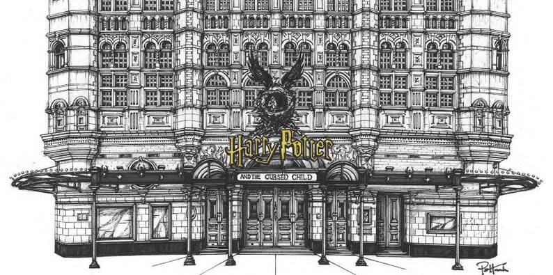 May include: A black and white illustration of a theater building with the words "Harry Potter and the Cursed Child" in gold lettering above the entrance.