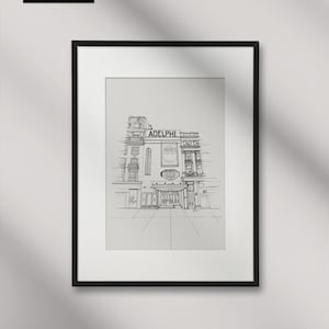 May include: A black and white line drawing of the Adelphi Theatre in London, England. The drawing shows the front of the theatre, with the name "Adelphi" above the entrance.