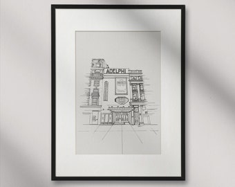 May include: A black and white line drawing of the Adelphi Theatre in London, England. The drawing shows the front of the theatre, with the name "Adelphi" above the entrance.
