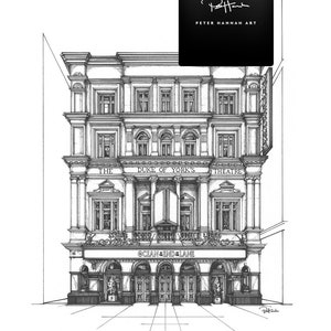 May include: A black and white line drawing of the Duke of York's Theatre in London. The building has a classic architectural style with ornate details. The sign above the entrance reads "The Duke of York's Theatre" and "Ocean End Lane".