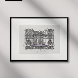 May include: A black and white line drawing of a building with a purple banner that reads "Music Hall at the National Theatre".