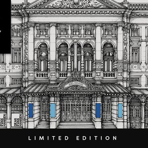 May include: Detailed black and white architectural illustration of a building facade, possibly a theater, with ornate detailing. The artwork includes the text "Peter Hannah Art" and "Limited Edition". The building has blue accents.