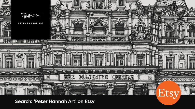 May include: A black and white pen and ink drawing of Her Majesty's Theatre in London, England. The drawing is detailed and intricate, showing the facade of the theatre with its ornate details. The text "Her Majesty's Theatre" is visible above the entrance.