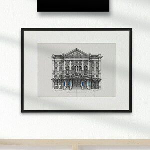 May include: Black framed art print featuring a detailed pen and ink drawing of a classical building facade with blue accents. The artwork is signed "Peter Hannah Art" in white on a black background.