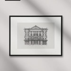 May include: Black framed art print of a detailed architectural drawing of a building's facade. The artwork is in black and white, showcasing the building's intricate details. The artist's signature and name are in the upper left corner.