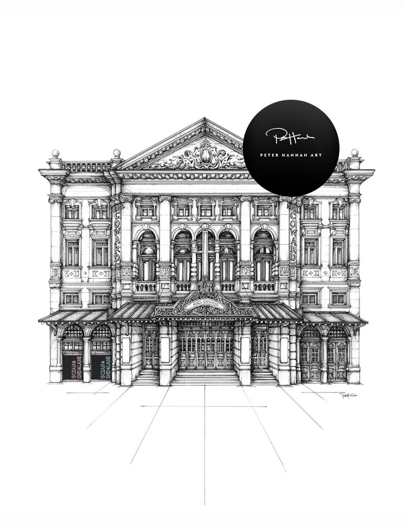 May include: Black and white line drawing of a building with a large, ornate facade. The building has a large entrance with two sets of double doors. The building is labeled "Covent Garden" on the side.