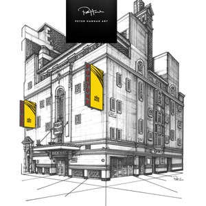 Puede incluir: Un dibujo en blanco y negro a pluma y tinta del Fortune Theatre en Londres, Inglaterra. El edificio tiene un letrero amarillo con la palabra "FORTUNE" en letras rojas.