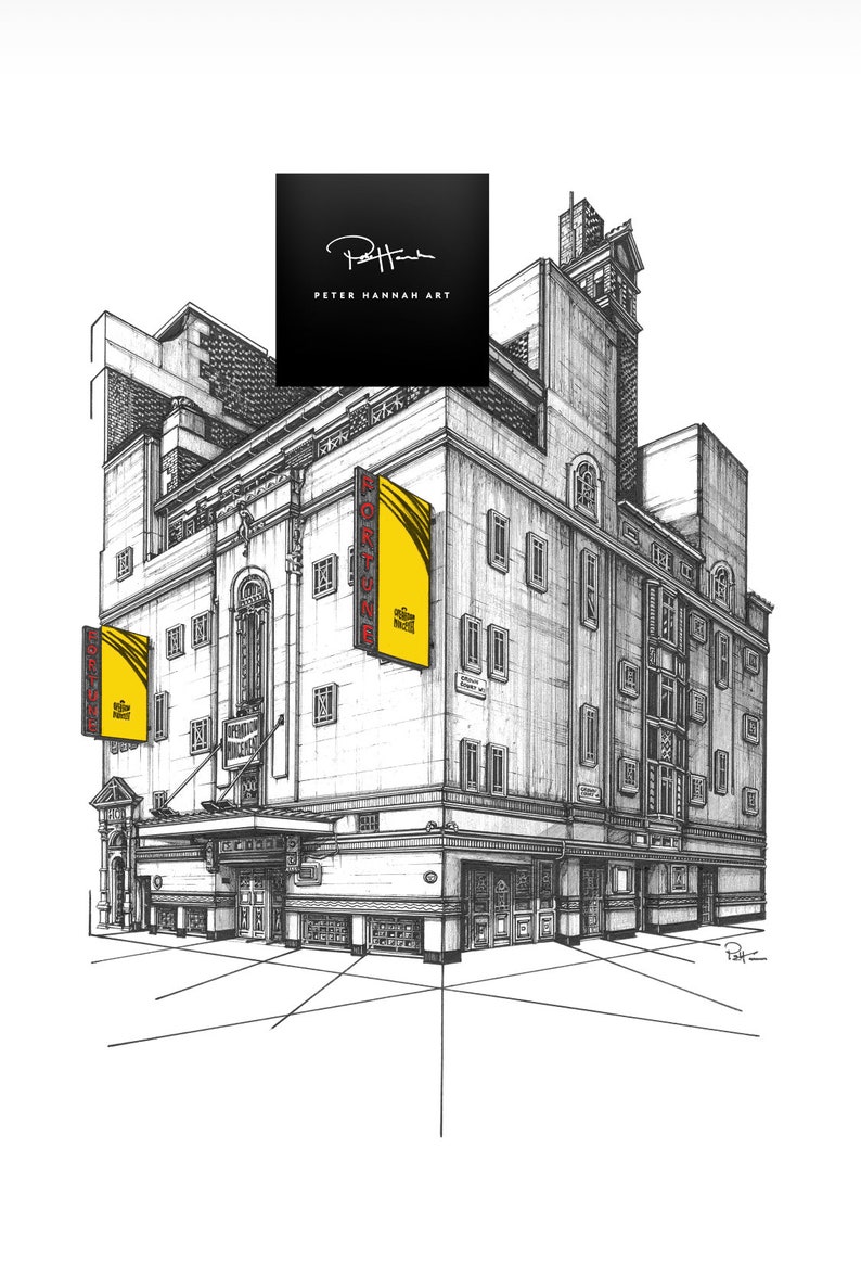 Puede incluir: Un dibujo en blanco y negro a pluma y tinta del Fortune Theatre en Londres, Inglaterra. El edificio tiene un letrero amarillo con la palabra "FORTUNE" en letras rojas.